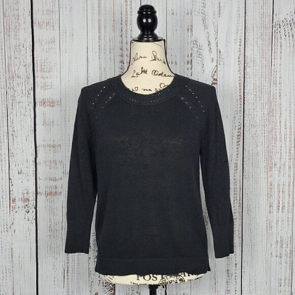 Loft Medium Black Ramie Knit Crotchet Classic 3/4 Sleeve Crew Neck Sweater - Picture 1 of 7